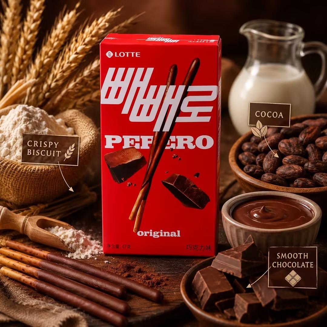 Lotte Pepero Chocolate Flavor Biscuit Sticks 47g | Crispy biscuit sticks coated with smooth chocolate, rich chocolate taste