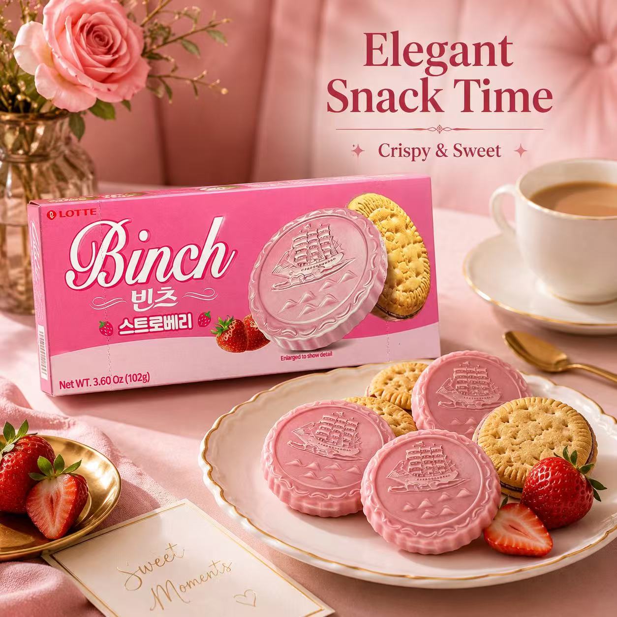 Lotte Binch Strawberry Compound Chocolate Biscuits 102g | Silky Strawberry Coating, Crispy Buttery Biscuit, Individually Packed