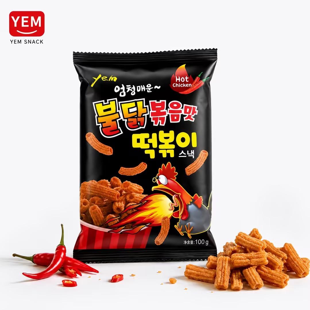 YEM Spicy Chicken Rice Cake Strips Snack 100g | Rich spicy chicken flavor, crispy puffed texture, chewy strip shape