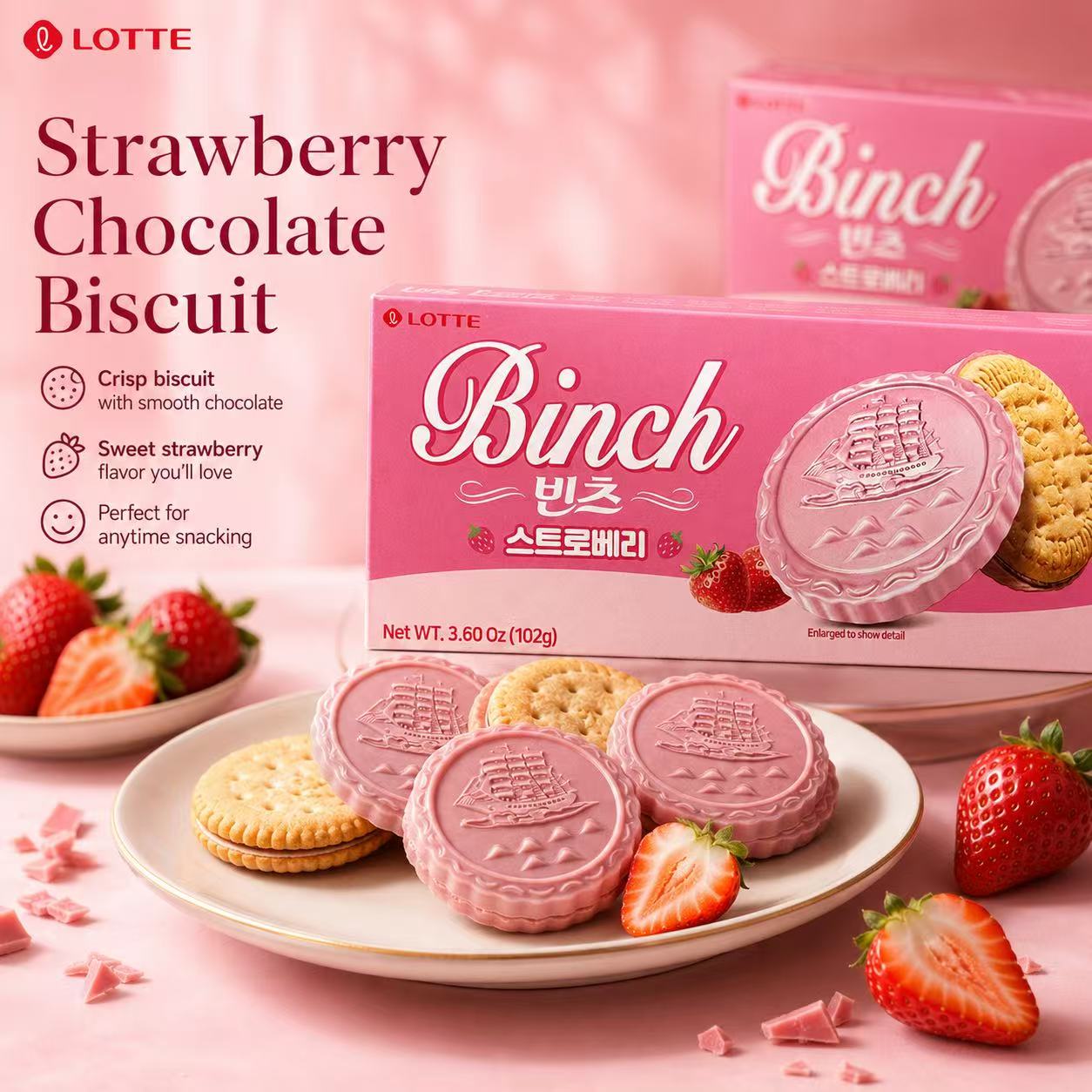 Lotte Binch Strawberry Compound Chocolate Biscuits 102g | Silky Strawberry Coating, Crispy Buttery Biscuit, Individually Packed