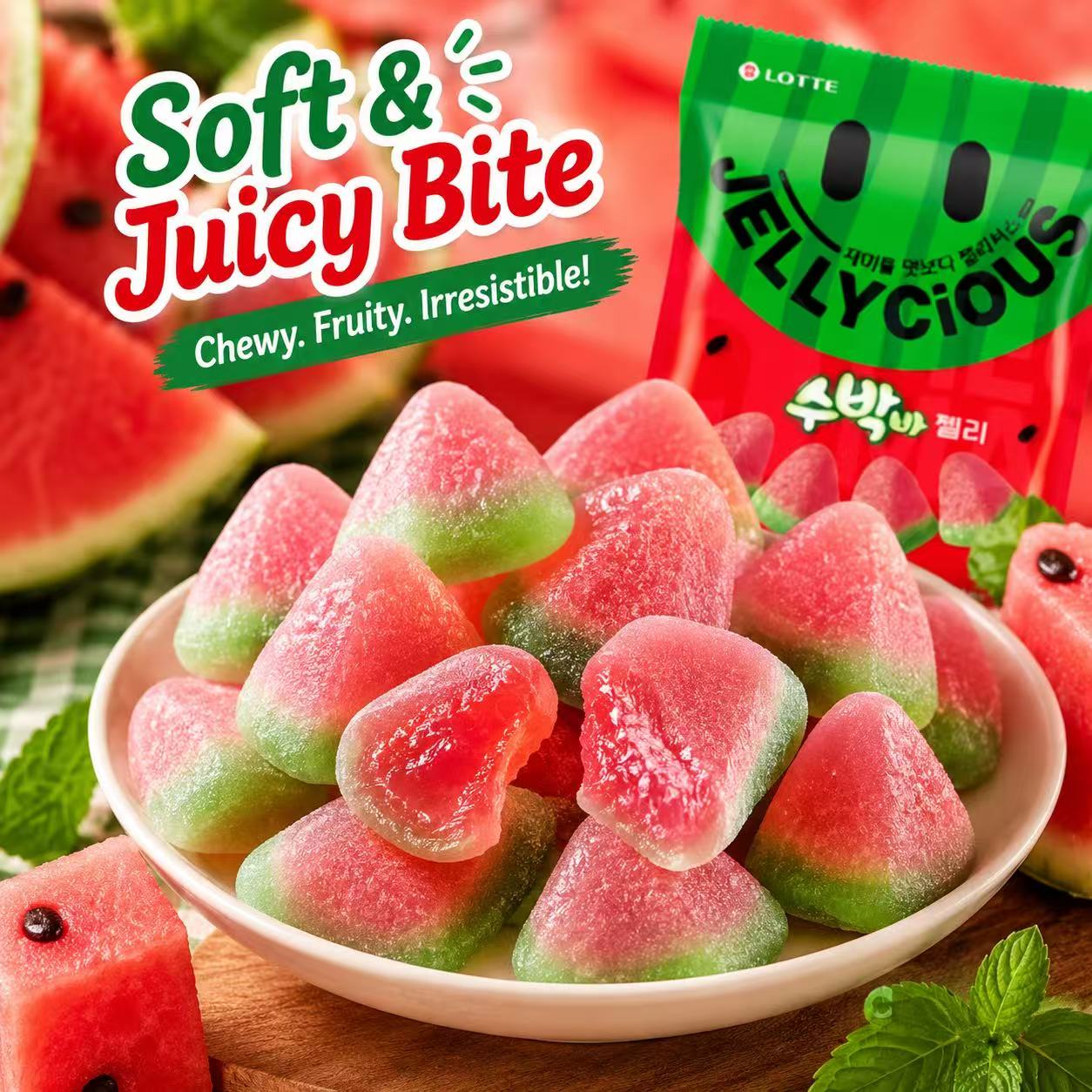 Lotte Watermelon Flavored Soft Candies 56g | Sweet Juicy Taste, Elastic Chewy Texture, Handy Small Pack