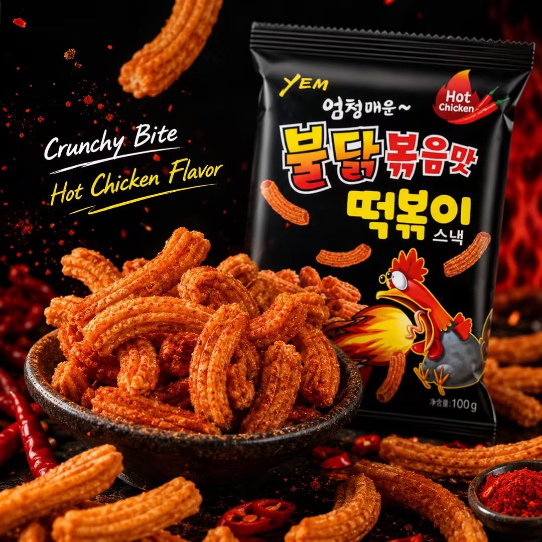 YEM Spicy Chicken Rice Cake Strips Snack 100g | Rich spicy chicken flavor, crispy puffed texture, chewy strip shape