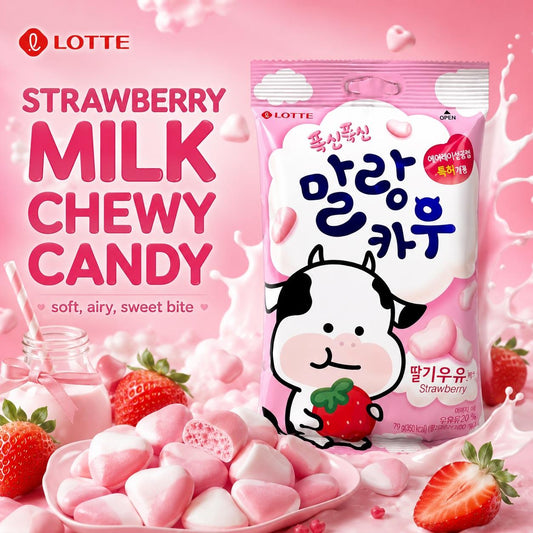 Lotte Cow‑Shaped Strawberry‑Milk Flavor Aerated Chewy Candy 63g