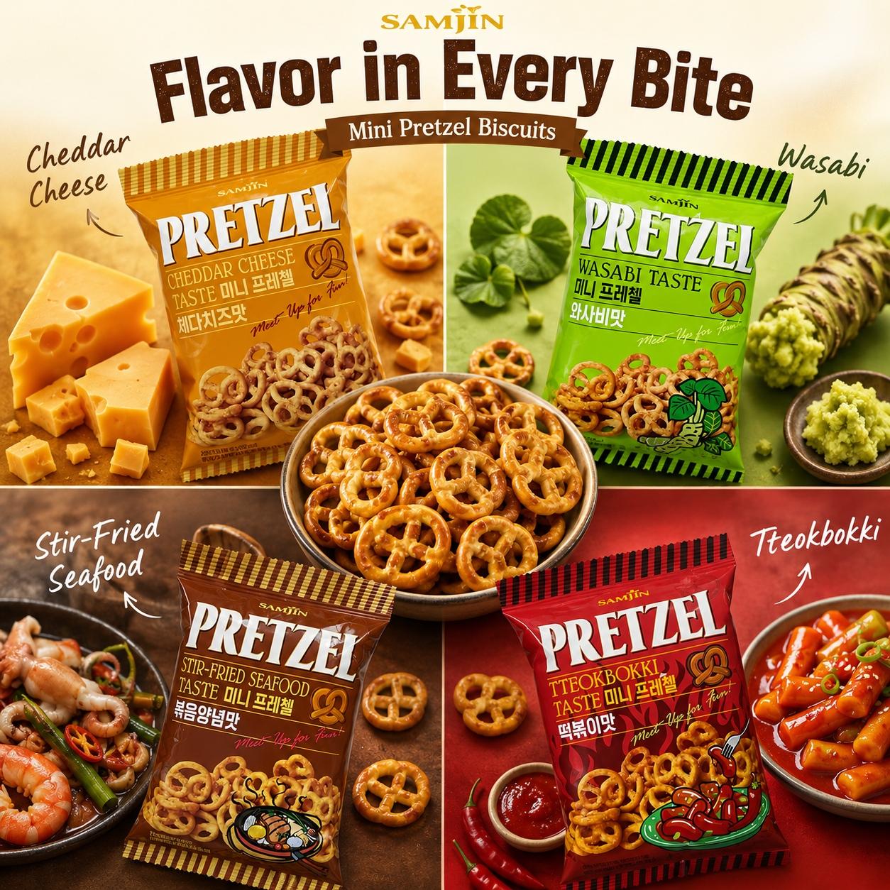 SAMJIN Mini Pretzel Biscuits 70g, 4 flavors | Crispy Crunchy Texture, Rich Flavor, Convenient Snack