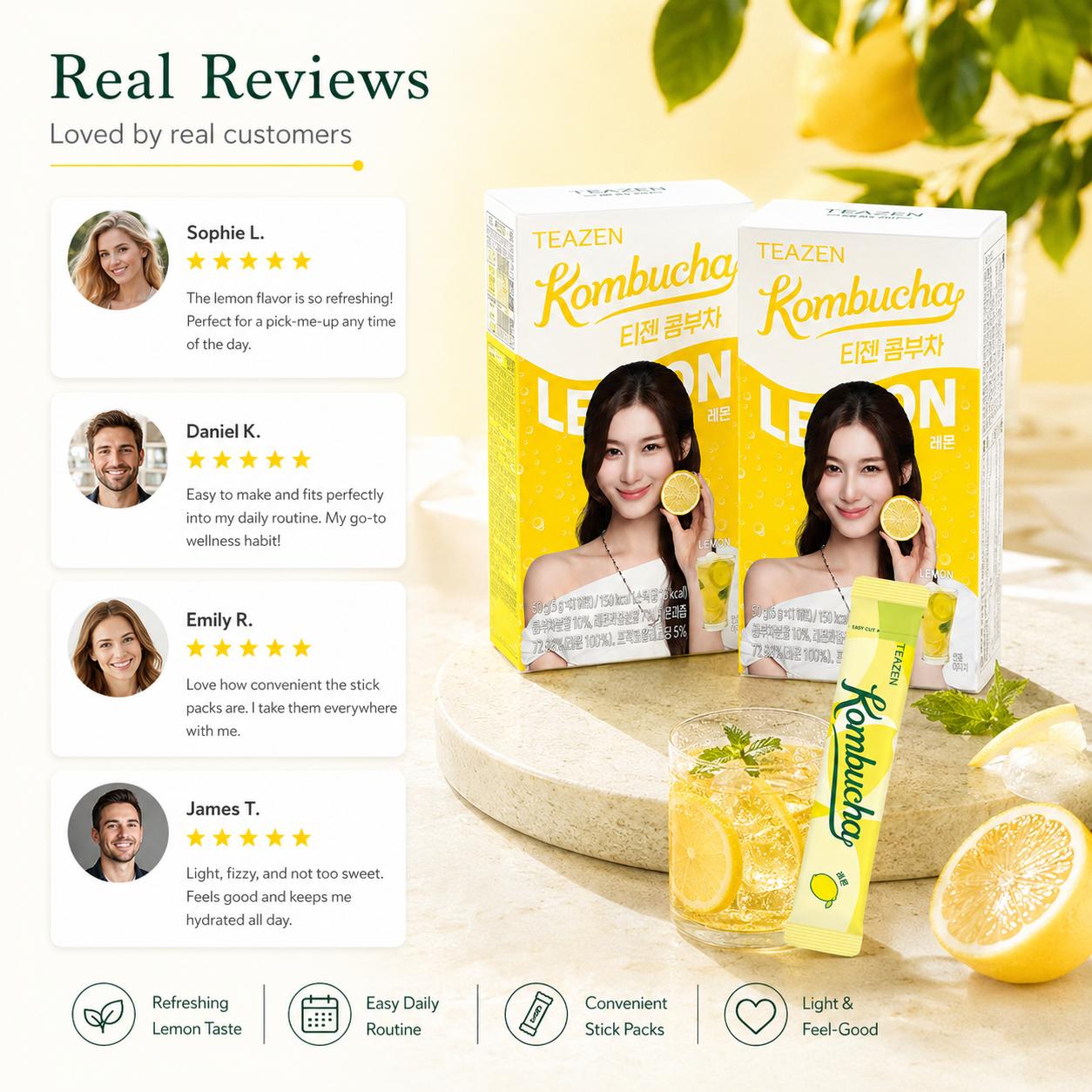 Teazen Lemon Kombucha Zero Sugar Probiotic Tea 10 Sticks Each 2 Boxes