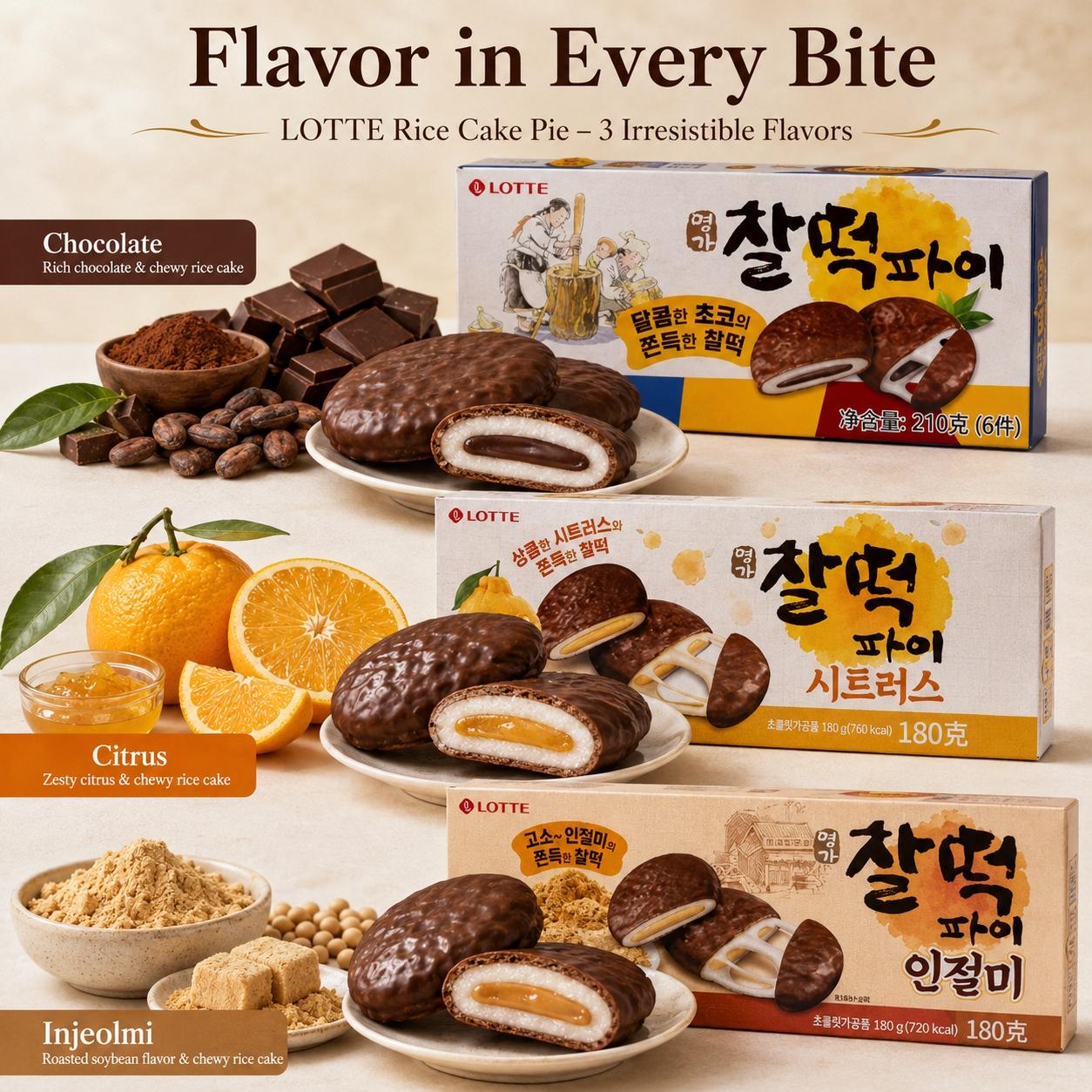 Lotte Rice Cake Pie, 3 flavors | Chewy Mochi Texture, Rich Filling Flavor, Convenient Snack