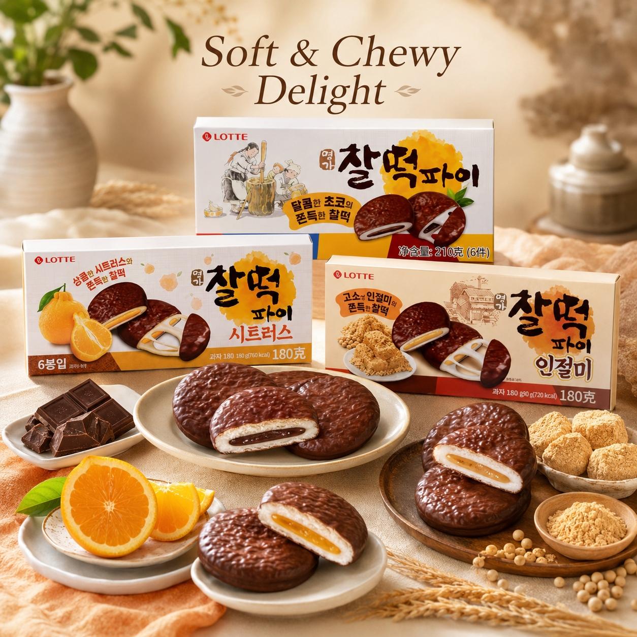 Lotte Rice Cake Pie, 3 flavors | Chewy Mochi Texture, Rich Filling Flavor, Convenient Snack
