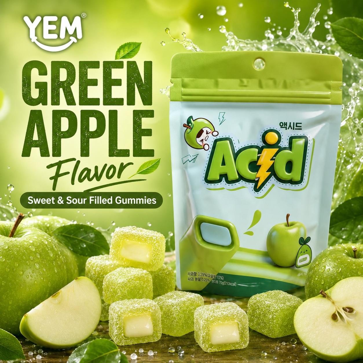 YEM Apple Flavored Cube Filled Gummy Candy 70g | Fresh sweet apple taste, soft bouncy texture, fruity inner filling