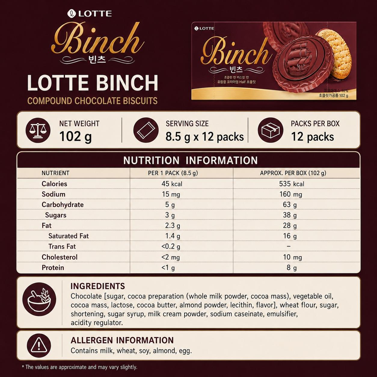 Lotte Binch Compound Chocolate Biscuits 102g | Crispy Biscuit Texture, Rich Chocolate Flavor, Convenient Snack