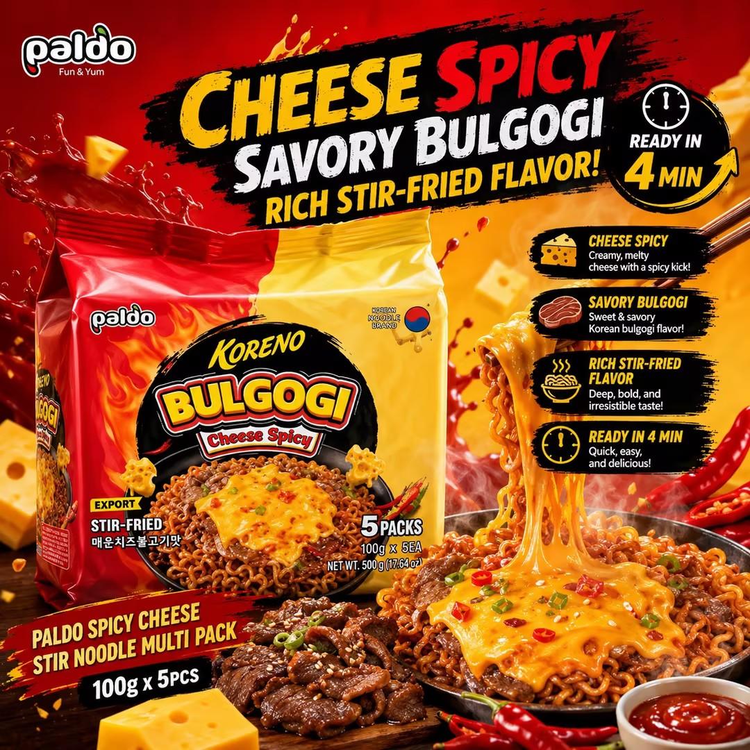 PALDO Spicy Cheese Stir Noodle Multi Pack 100g*5pcs | Creamy spicy cheese sauce, chewy noodles, portable multi-pack