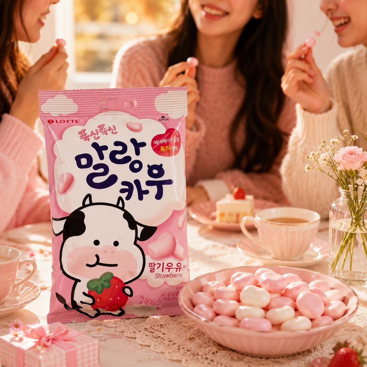 Lotte Cow‑Shaped Strawberry‑Milk Flavor Aerated Chewy Candy 63g