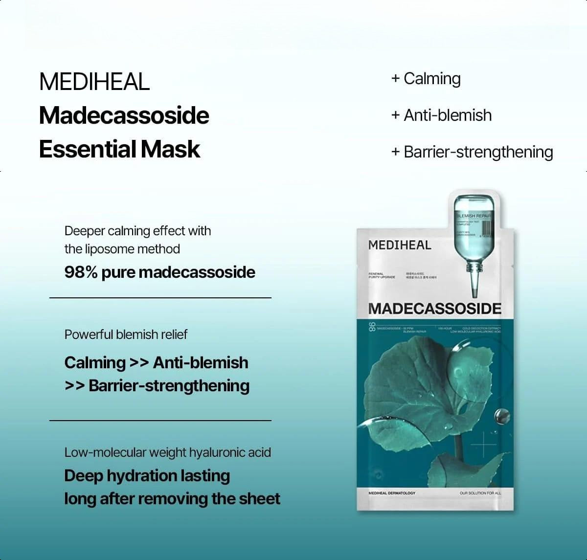 Mediheal Madecassoside Essential Sheet Mask Blemish Repair 11 Pcs.Enhancing Moisture Barrier & Skin Texture Care.