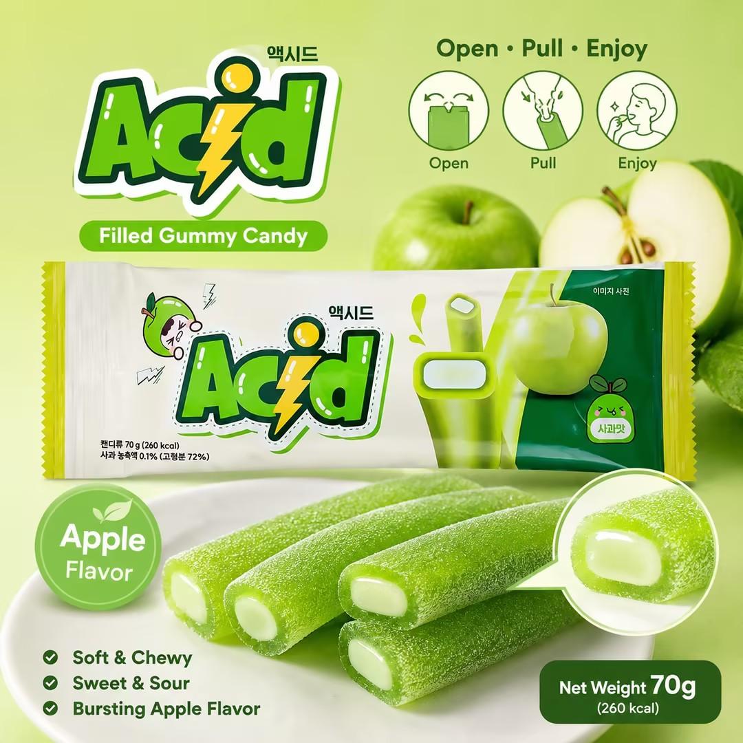 YEM Apple Flavored Long Strip Filled Gummy Candy 70g | Fresh sweet apple taste, bouncy gummy texture, fruity filling inside