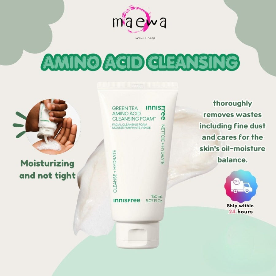 innisfree Green Tea Amino Acid Cleansing Foam150ml, Sulfate-Free Hydrating Korean Face Wash, Gentle Lather, pH-Balanced Skincare
