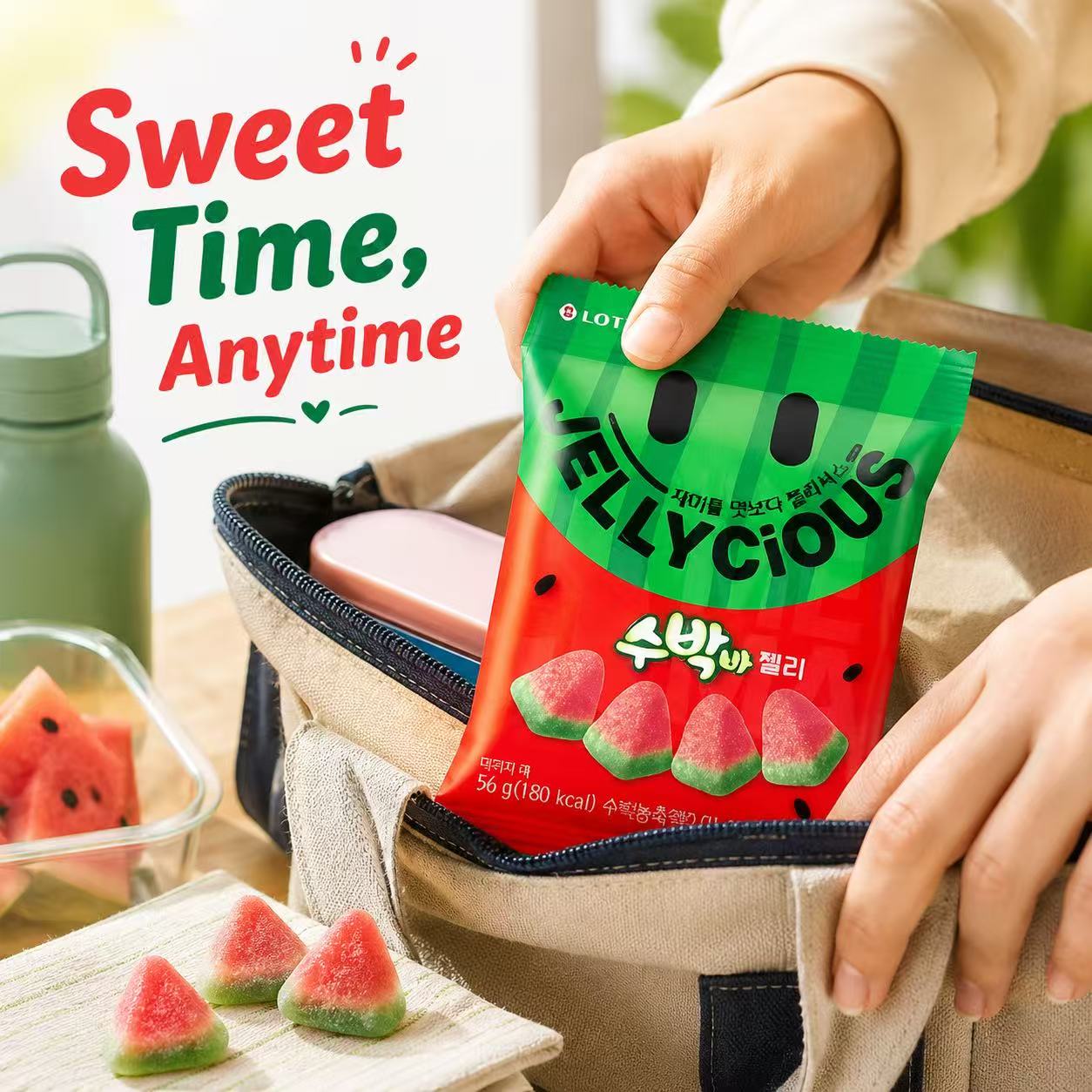 Lotte Watermelon Flavored Soft Candies 56g | Sweet Juicy Taste, Elastic Chewy Texture, Handy Small Pack